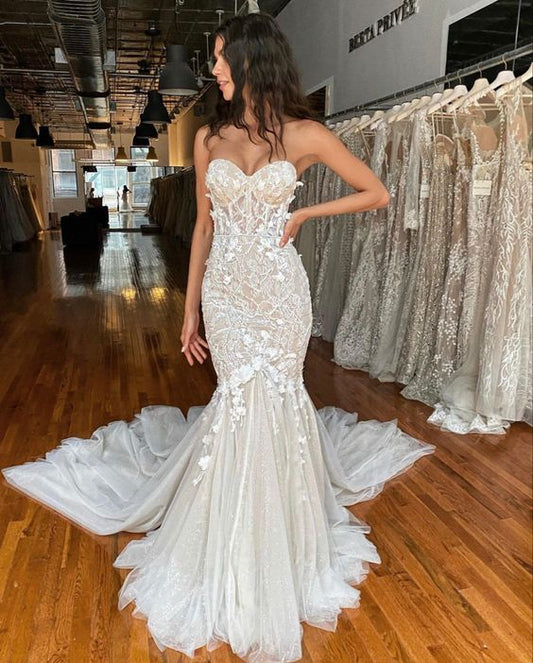 Elegant Sweetheart Mermaid Wedding Dresses Sleeveless Lace Appliques Glitter Tulle Skirt Trumpet Bride Dresses Plus Size