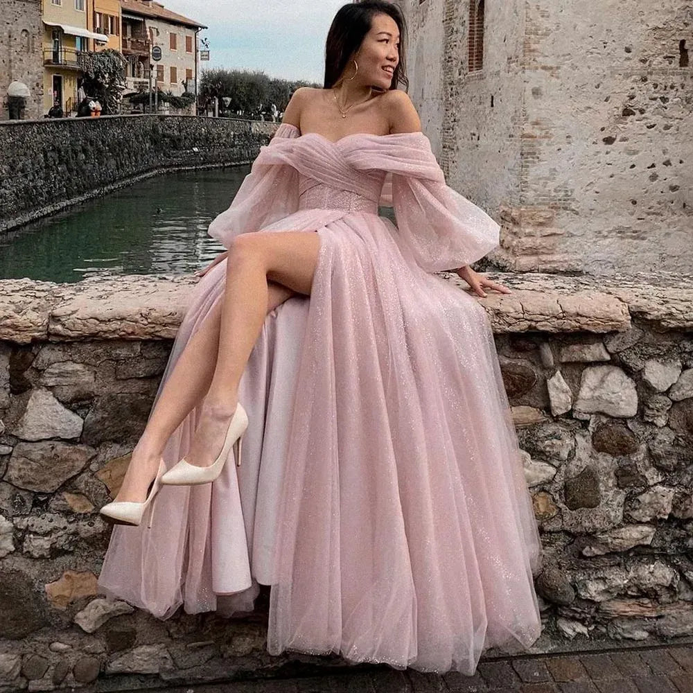 Vestidos de Noche ostentosos, color rosa oscuro, sin hombros, mangas abullonadas, escote en forma de corazón, pliegues, vestidos de noche para fiesta y graduación