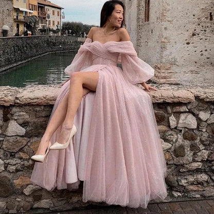 Bling Evening Dresses Dark Pink Off Shoulder Full Puff Sleeves Sweetheart Front Slit Pleats Evening Gowns Party Graduation