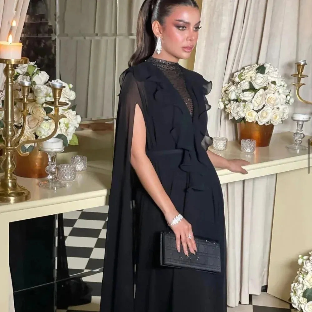 Black Chiffon Cape فستان سهرة Sexy V-neck A-line Prom Dress Sleeveless Party Dres Silk Chiffon Floor Lenght Evening Dress Black