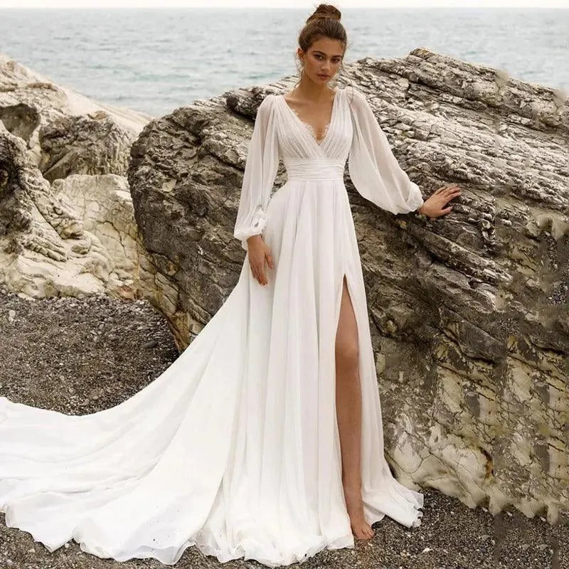 Vestidos de novia Sol Boho, vestido de novia con manga abombada y cuello en V, corte en A, vestidos de fiesta de noche de boda con abertura alta, tamaño personalizado