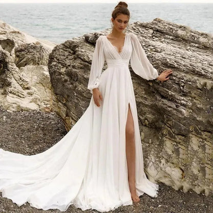 Sol Boho Wedding Dress Puff Sleeve V-Neck Bride Dress A-Line High Split Wedding Evening Prom Gaun Saiz Khusus