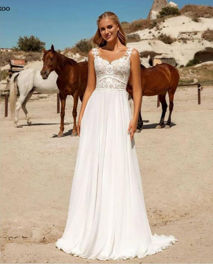 Bohemian Sweetheart Wedding Dresses Wanita Renda Putih Terbuka Kembali Sifon Gaun Pengantin Applique Spaghetti Straps Vestidos de Novia