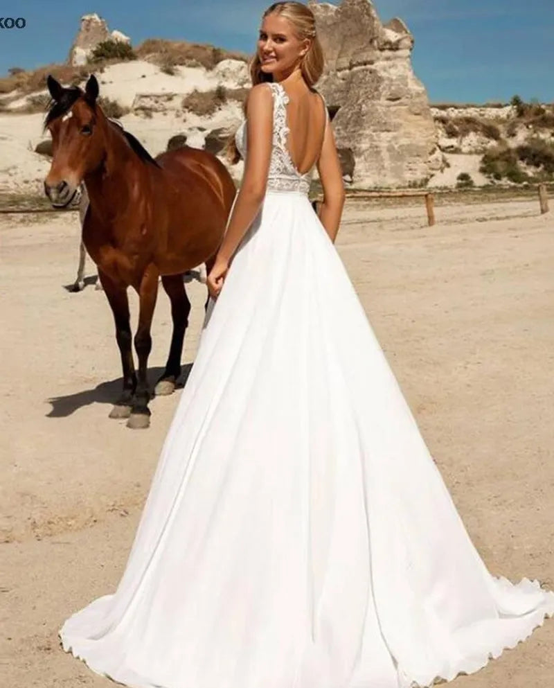 Bohemian Sweetheart Wedding Dresses Women White Lace Open Back Chiffon Bridal Gowns Applique Spaghetti Straps Vestidos De Novia 20w