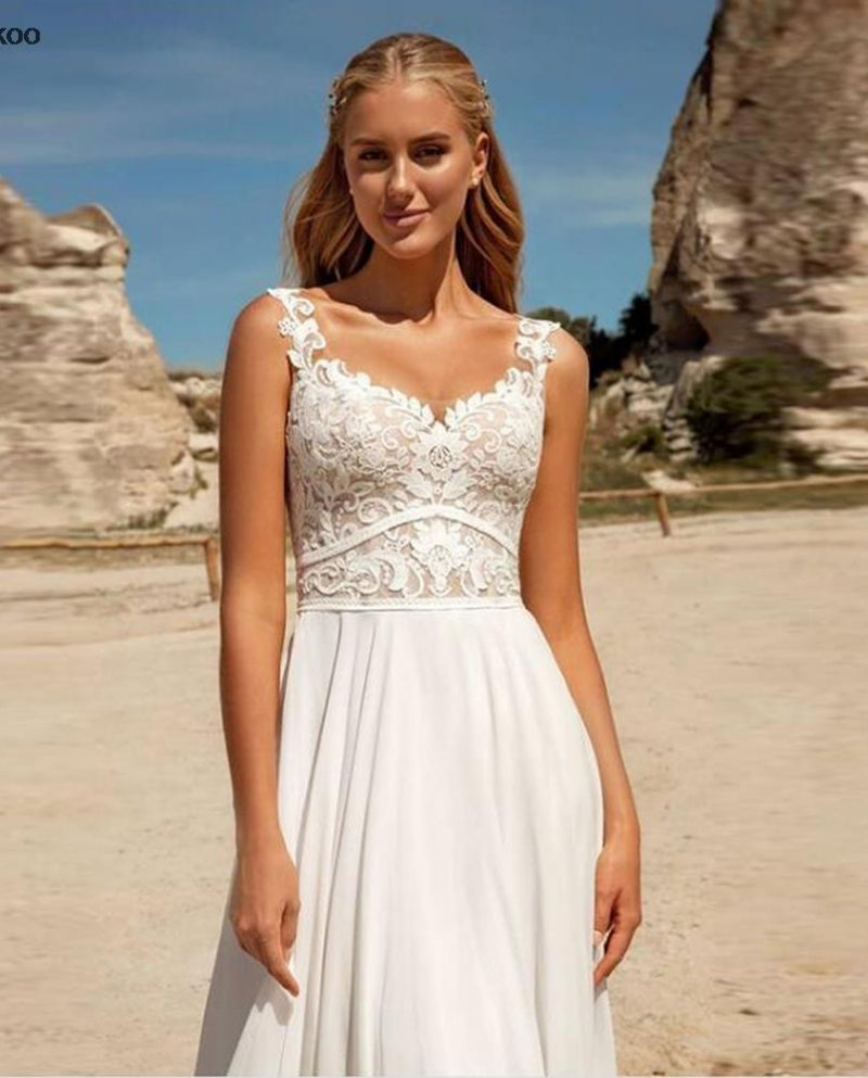 Bohemian Sweetheart Wedding Dresses Women White Lace Open Back Chiffon Bridal Gowns Applique Spaghetti Straps Vestidos De Novia