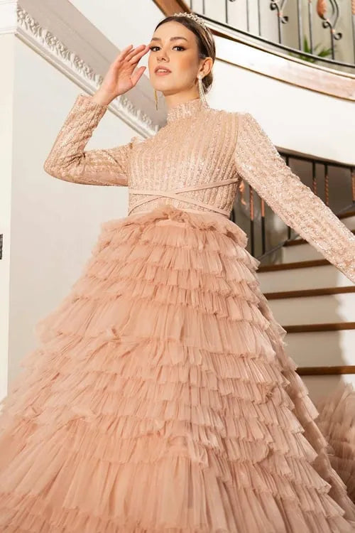 Luxury Champagne Glitter Crew-neck A-line Wedding Dress Multilayer Long Sleeve فستان حفلات الزفاف Empire Waist Prom Dress as pic