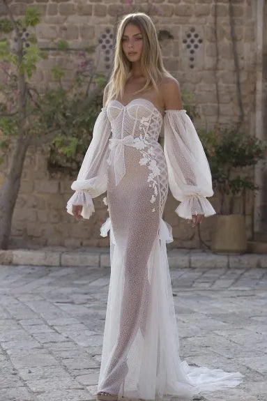 Elegant Mermaid Wedding Dresses Sweetheart Appliques Bridals Party Dress Detachable Sleeves Long Brides Evening Gowns Ivory