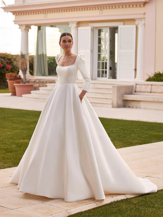 Simple A Line Wedding Dresses For Women Sexy Square Collar Backless Satin Formal Elegant Beach Party Bridal Gowns فستان الزفاف