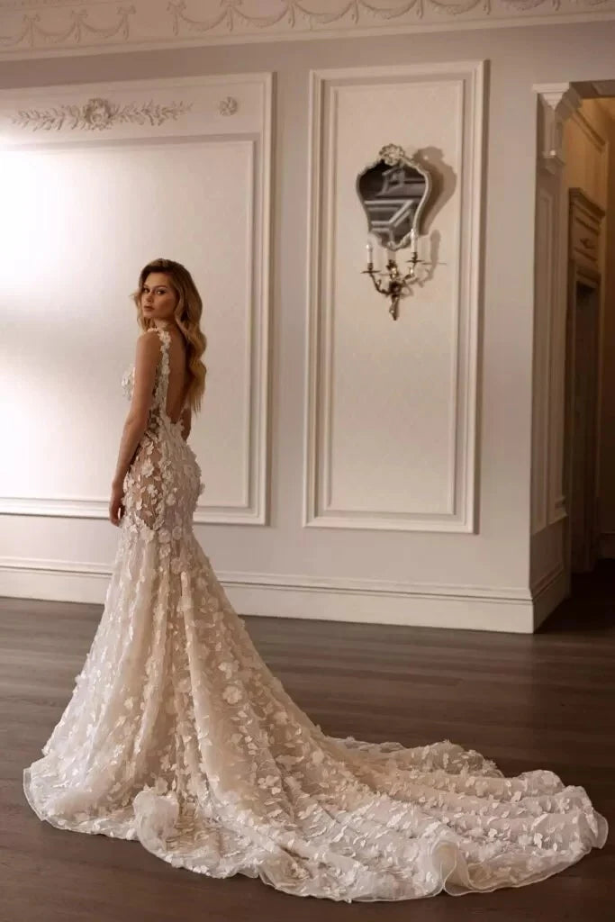 Robe De mariée sirène De luxe, col en v, sans manches, avec des Appliques en dentelle, robe De plage, dos nu, avec traîne De balayage 