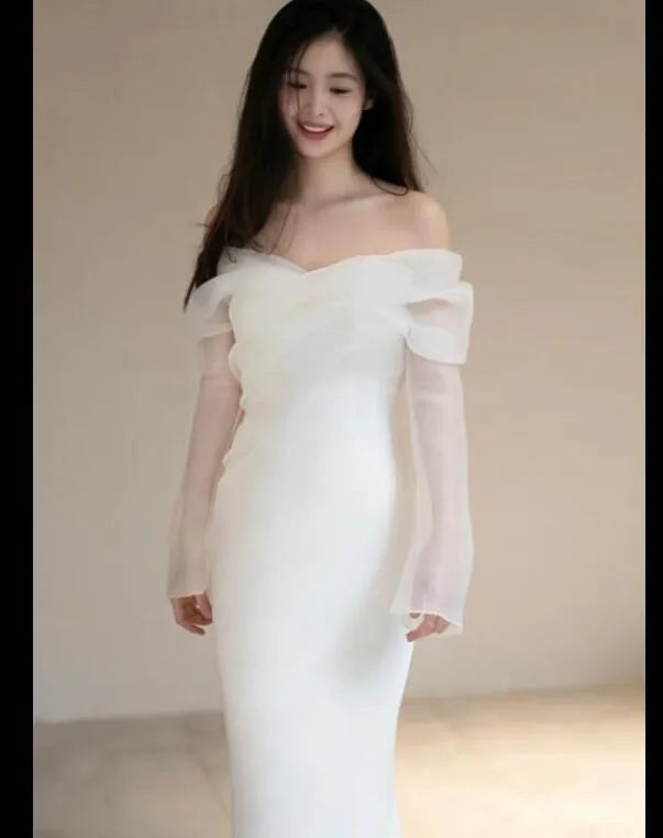 GIYSILE – robe De mariée légère en Satin, asymétrique épaule dénudée, coupe Simple et Slim, manches longues, robe De soirée De mariée