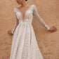 Elegant A-Line Wedding Dresses Deep V Neck Long Sleeves Bridals Party Gowns with Train Brides Evening Dresses for Women