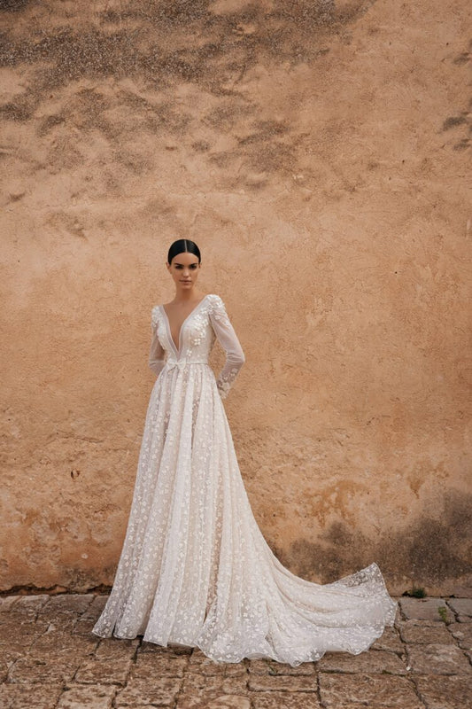 Vestidos de novia elegantes de una línea, cuello en V profundo, mangas largas, vestidos de fiesta para novias con tren, vestidos de noche para mujeres