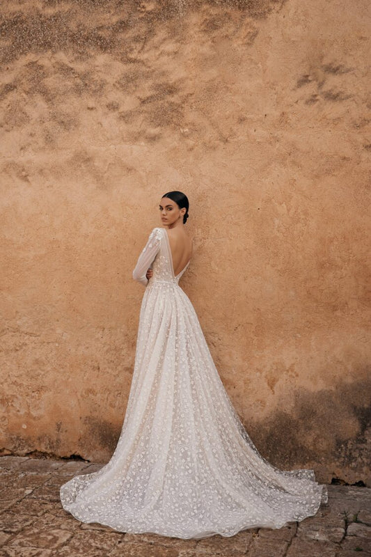 Vestidos de novia elegantes de una línea, cuello en V profundo, mangas largas, vestidos de fiesta para novias con tren, vestidos de noche para mujeres