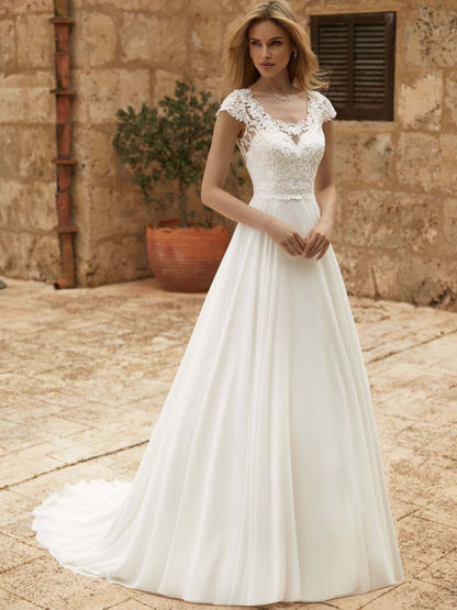 Gaun Perkahwinan A-Line Elegant Wanita Renda Ilusi Kembali Lengan Pendek O-Neck Chiffion Bridal Gown Sweep Train Vestidos De Noiva