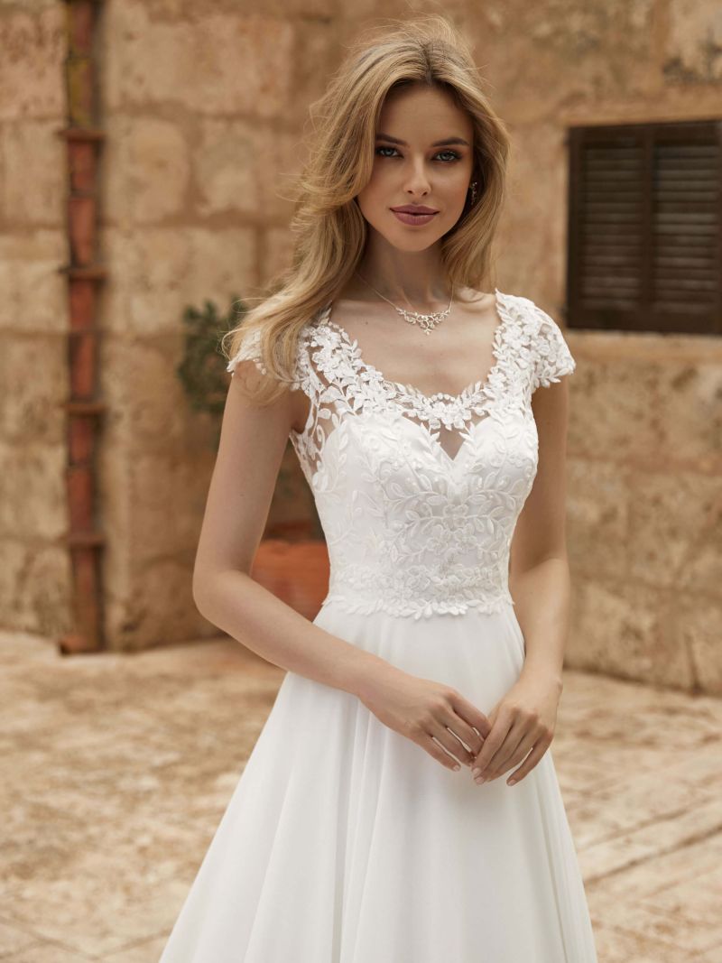 Gaun Perkahwinan A-Line Elegant Wanita Renda Ilusi Kembali Lengan Pendek O-Neck Chiffion Bridal Gown Sweep Train Vestidos De Noiva