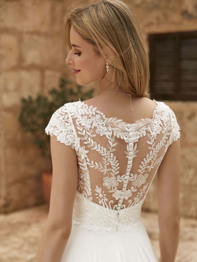 Robe De mariée trapèze élégante en dentelle, effet d'illusion au dos, manches courtes, col rond, en mousseline, avec traîne De balayage