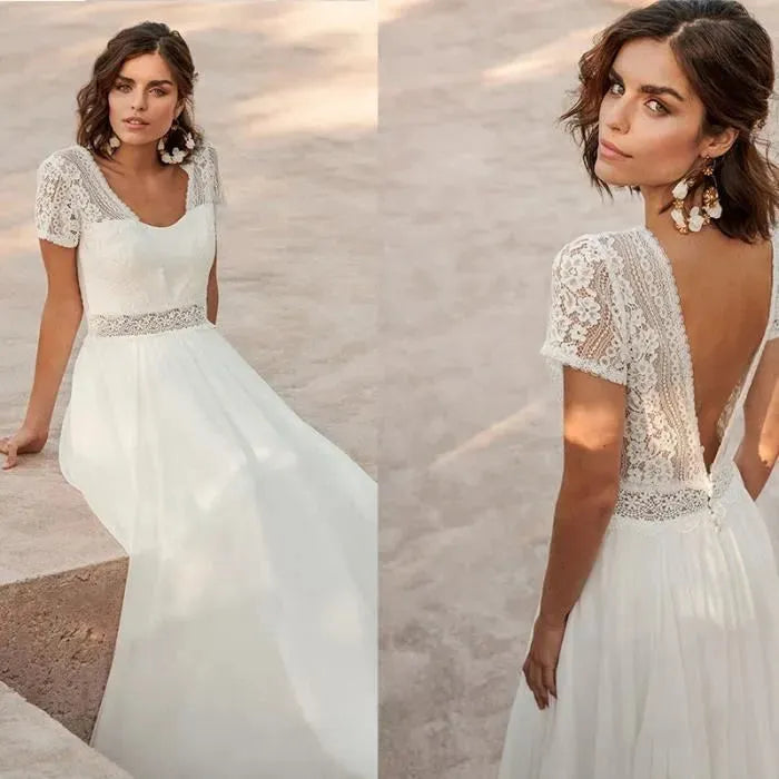 White Wedding Dress For Women Brides Simple Boho Chiffon Floor Length Robe De Mariee Short Sleeve Custom Made Bohemian 24w