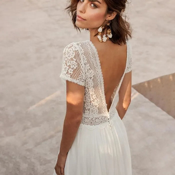 Abito da sposa bianco per donne Brides Simple Boho Chiffon Lunghezza pavimento Robe de Mariee manica corta bohémien