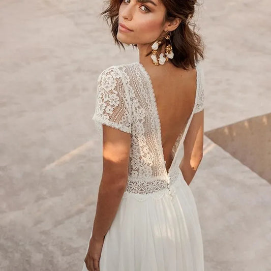 Abito da sposa bianco per donne Brides Simple Boho Chiffon Lunghezza pavimento Robe de Mariee manica corta bohémien