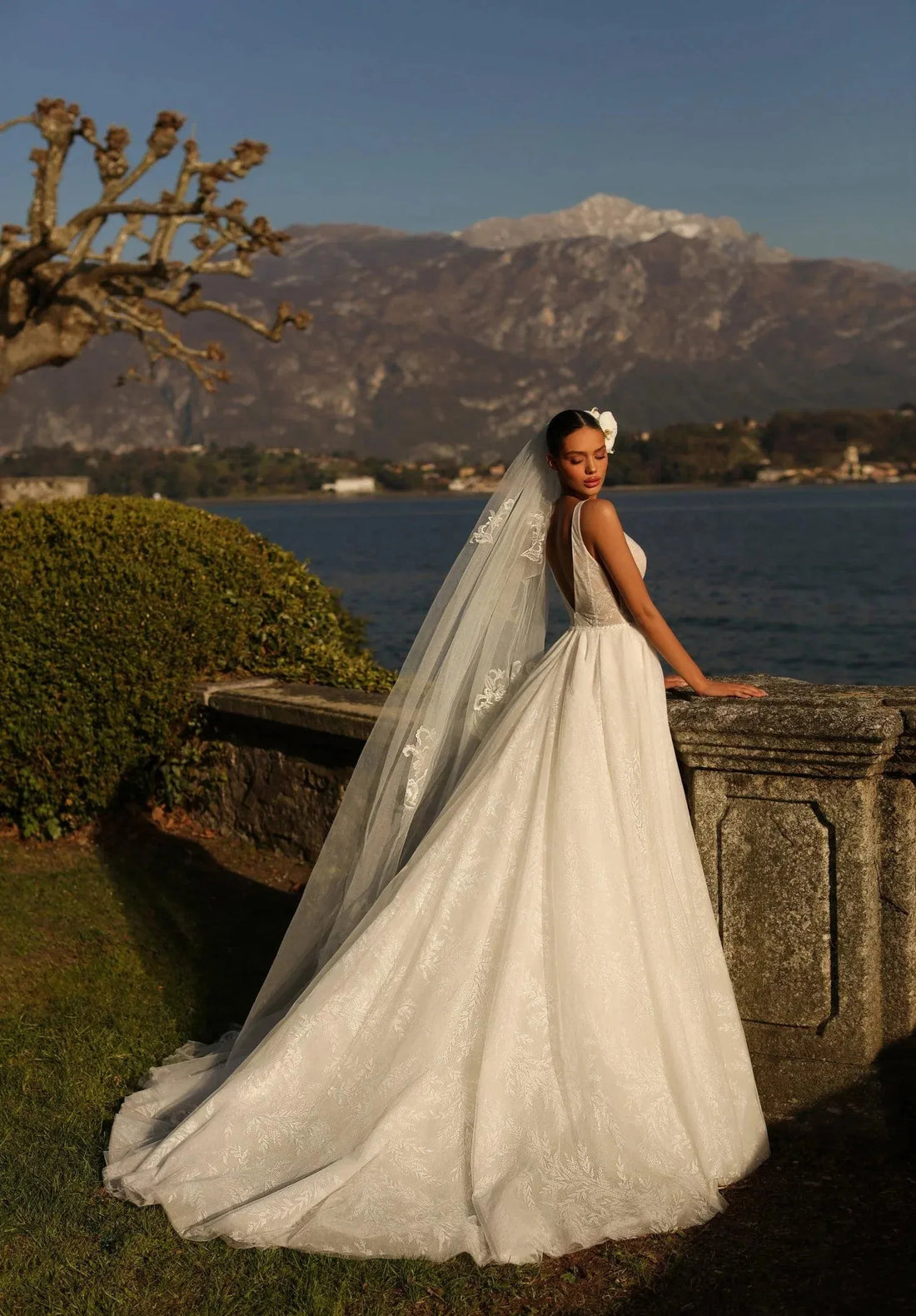 Vintage Backless Wedding Gowns for Women Tulle Sleeveless Deep V Neck Appliques A Line Court Train Customised Satin