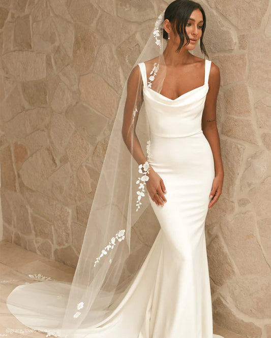 Robe de mariée sirène en Satin blanc, élégante, col carré, bretelles Spaghetti, Illusion, dos nu, avec boutons 