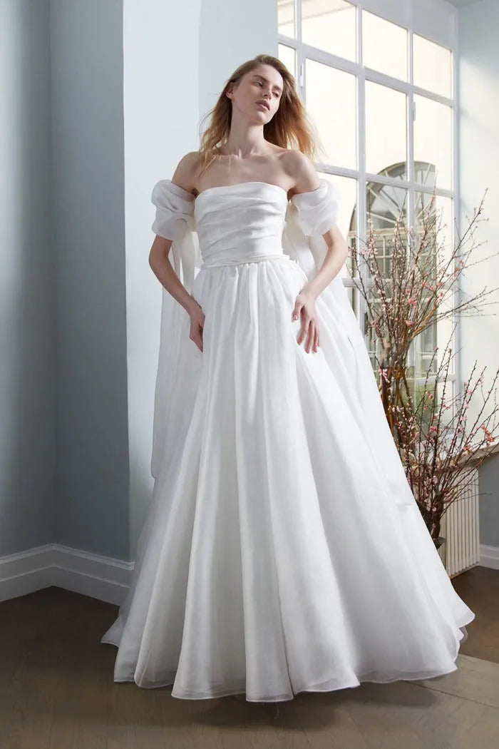 Strapless Ball Gown with Detachable Sleeves Mermaid Vestido De Novia Satin Train Princess Dress Wedding Dress Bow Court Simple Bridal Gown Satin