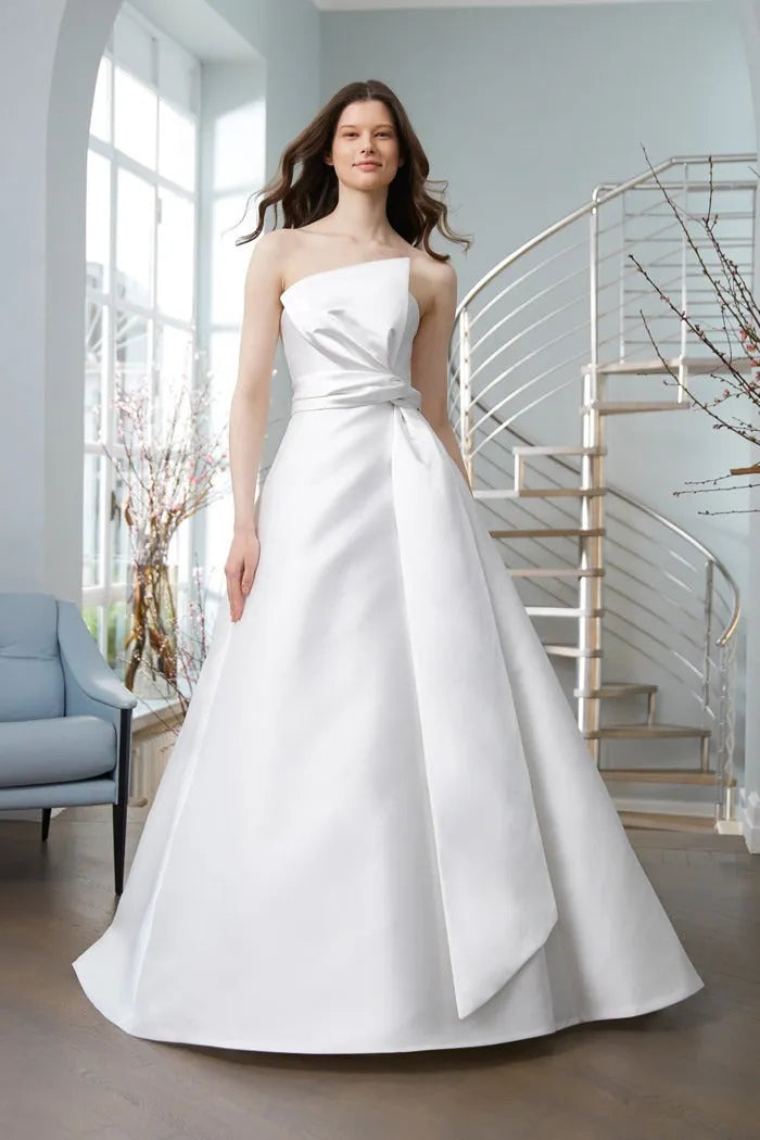A-Line Strapless Bridal Gown Mermaid Wedding Dress Bow Court Simple Vestido De Novia Satin Train Princess Dress Satin