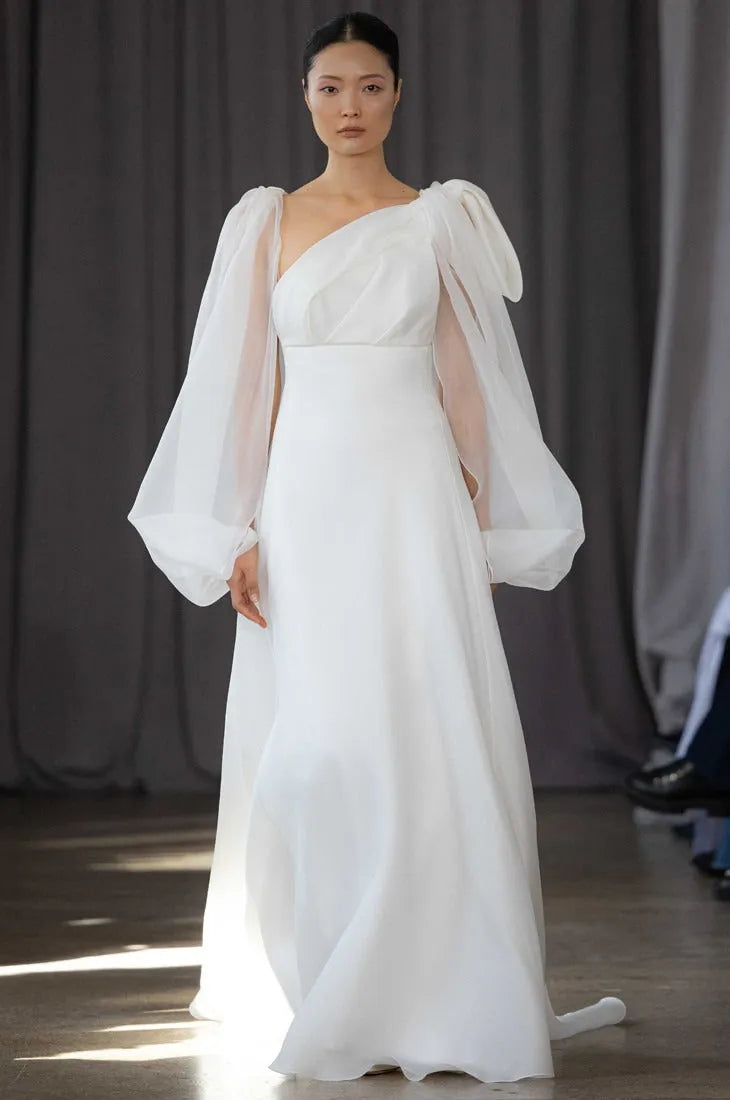 Romantic Balloon Sleeve Wedding Dress Princess Dress Court Vestido De Novia Satin Train Mermaid Simple Bow Bridal Gown Satin