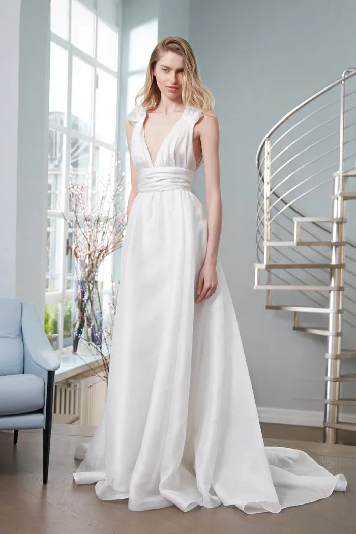 Deep Front and Back V-Neckline Wedding Dress Bow Court Simple Bridal Gown Mermaid Vestido De Novia Satin Train Princess Dress Satin