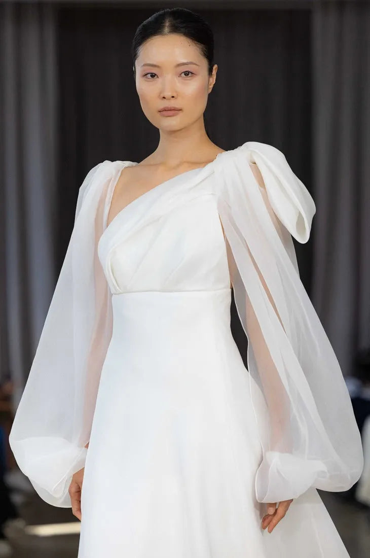 Romantic Balloon Sleeve Wedding Dress Princess Dress Court Vestido De Novia Satin Train Mermaid Simple Bow Bridal Gown Satin