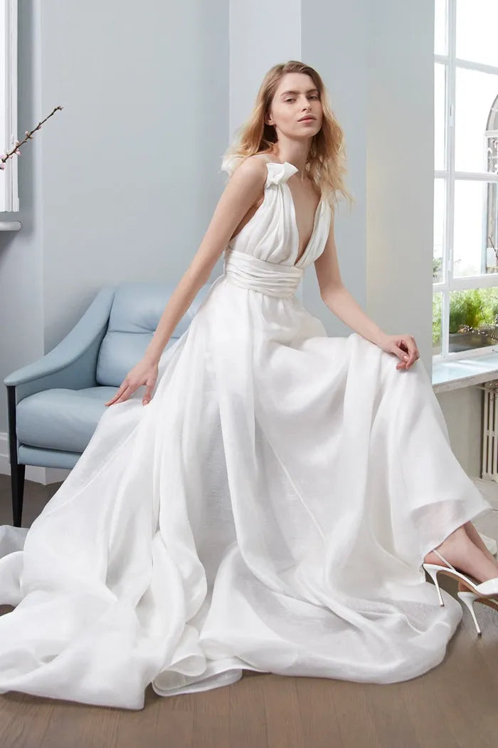 Deep Front and Back V-Neckline Wedding Dress Bow Court Simple Bridal Gown Mermaid Vestido De Novia Satin Train Princess Dress Satin