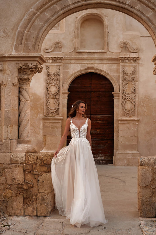 Vestidos De novia elegantes De corte en A, vestido De novia De tul con tirantes finos y espalda abierta De encaje con cuello en V, Vestidos De novia