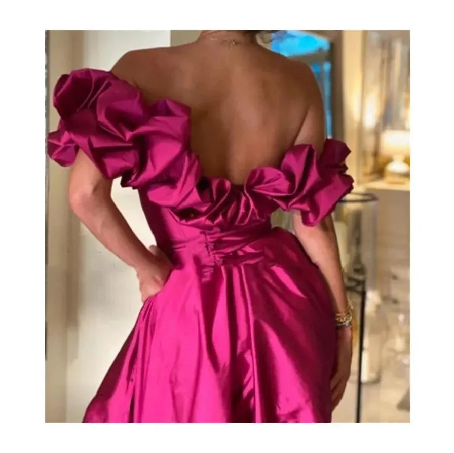 Fuchsia Prom Dresses Off the Shoulder Satin فساتين السهرة Elegant Floor-Length Sexy Side High Split Vestidos De Noche as pic 1