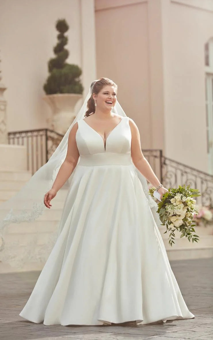 Vestidos De novia con tirantes finos y cuello en V, vestidos De novia clásicos De satén De talla grande, sin mangas, Vestido sencillo De boda 