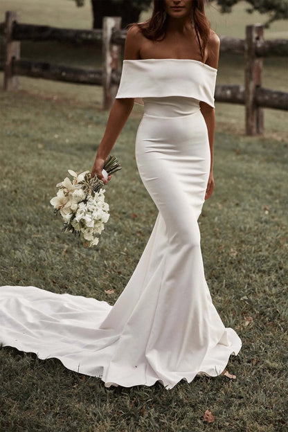 Vestidos de novia blancos con hombros descubiertos para novia, vestidos de novia plisados ​​bohemios simples de sirena para mujer, vestidos de novia con cola de corte