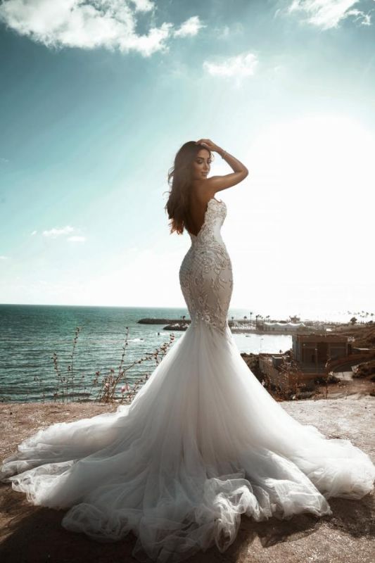 Abito da sposa a sirena di lusso a cuore lungo boho applique in pizzo femminile perline abiti da sposa più grandi vestido de nolia