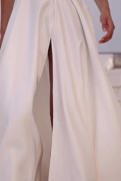 Vestido de novia de satén elegante, manga corta con abertura lateral para mujer con bolsillo, vestidos de novia civiles personalizados a medidas elegantes 