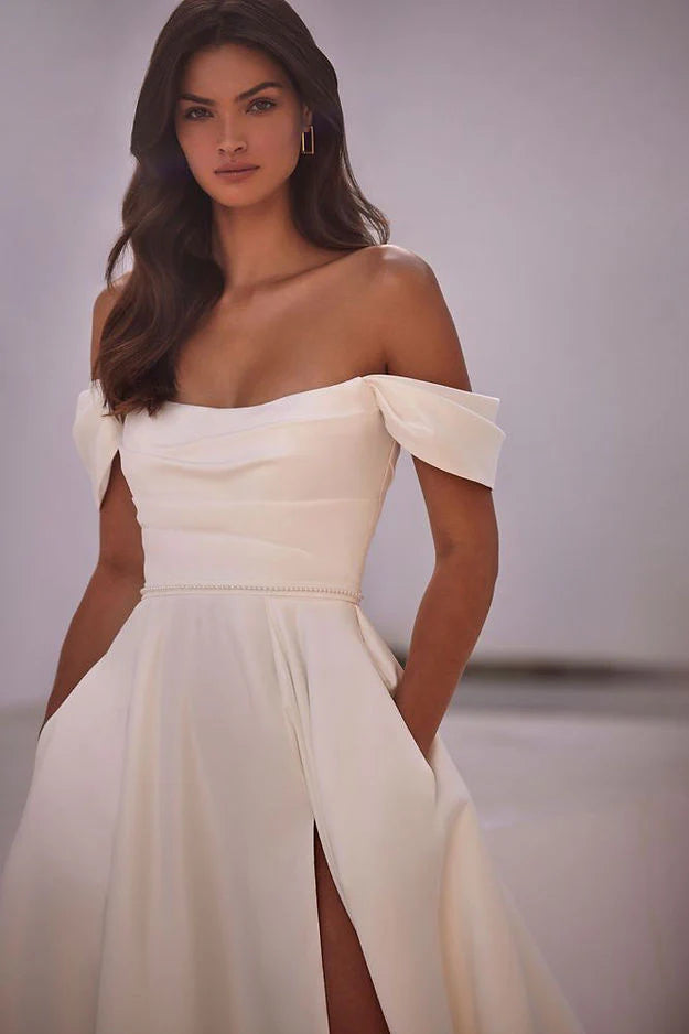 Vestido de novia de satén elegante, manga corta con abertura lateral para mujer con bolsillo, vestidos de novia civiles personalizados a medidas elegantes 