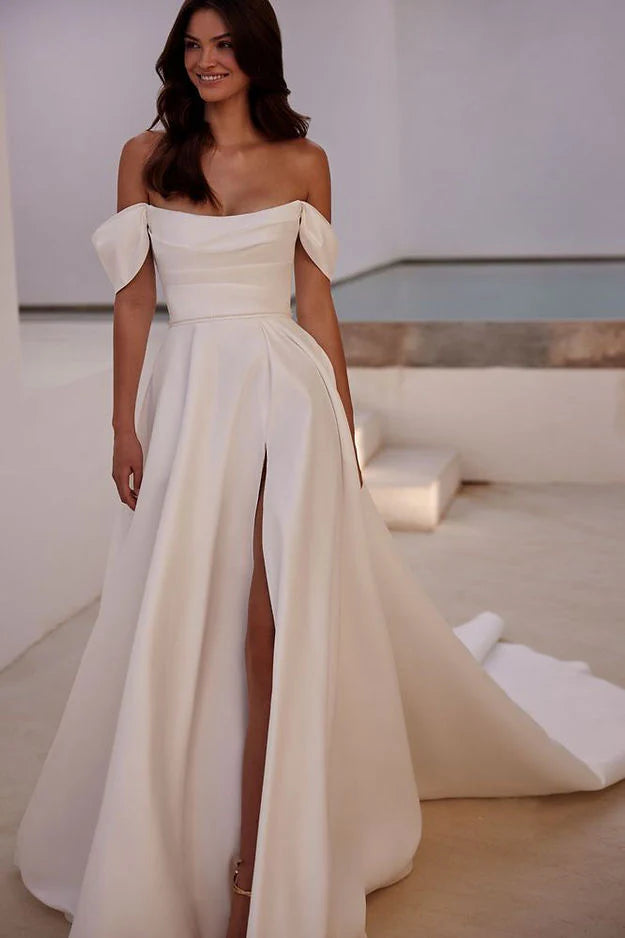 Elegante Satin Hochzeitskleiderseite Schlitz kurzärmel für Frauen mit Taschenbilanzbrautkleidern, die sich an Maßnahmen elegant anpassen können