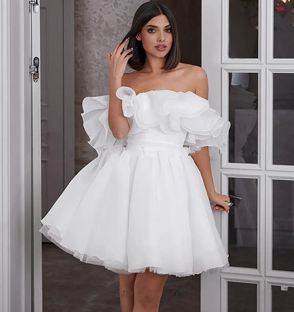 White Off the Shoulder Prom Dresses Mini Chiffon فساتين السهرة Elegant Edge Curl Knee-Length vestidos verano moda