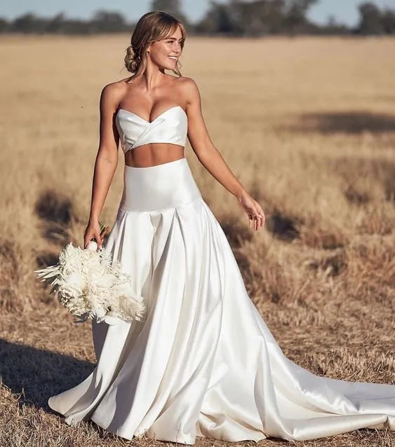 Elegant Mermaid Wedding Dress 2 Pieces Sweetheart Open Back Sleeveless Satin Sexy Bridal Gown Sweep Train Vestidos De Noiva Ivory 14w