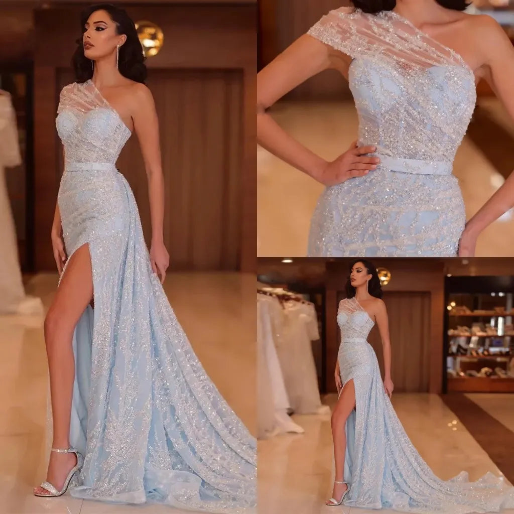 Gaun prom sparkly sequined duyung side split gaun malam gaun satu bahu manik vestidos de fiesta gala 2024 lace custom dibuat