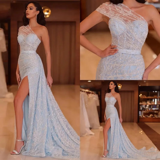 Vestidos de fiesta brillantes con lentejuelas y sirena, vestidos de noche con abertura lateral, un hombro con cuentas, Vestidos De Fiesta Gala 2024, encaje hecho a medida