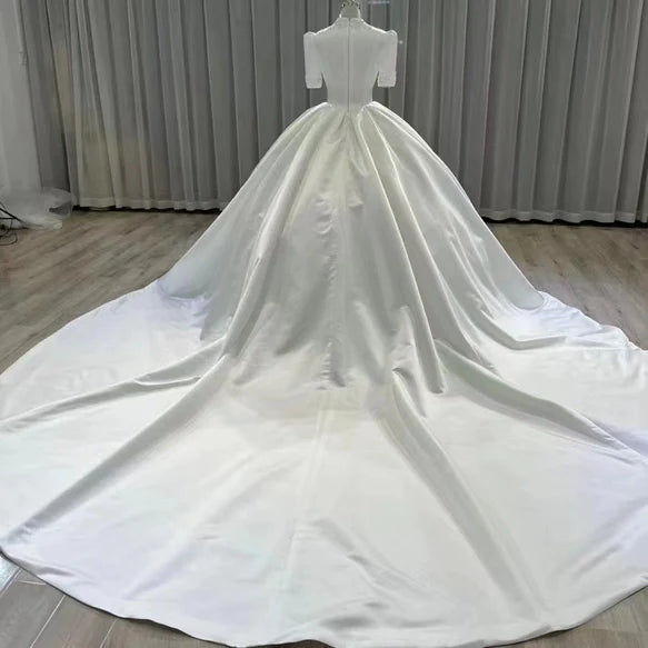 Elegante cuello en V satén con cuentas y mangas Vestido De baile vestidos De novia princesa corte tren vestidos De novia De talla grande Vestido De novia 