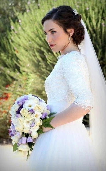 2022 Muslim Wedding Dresses O-Neck Long Sleeves Appliques Satin Tulle Floor Length Modest Wedding Gowns Bridal Dress Zipper