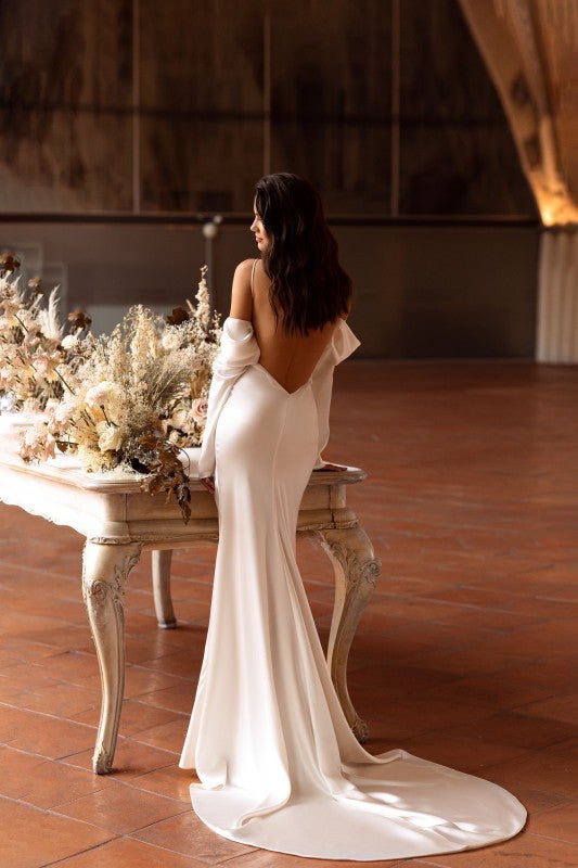 Abiti da sposa sirena bianca abito da sera a maniche lunghe formali boho spiaggia da spalla personalizzare per misure eleganti