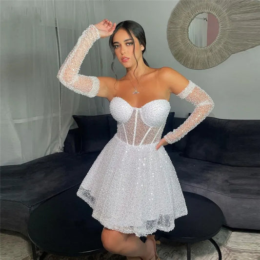 Shiny A Line Mini Wedding Dresses Sweetheart Boning Corset Bridal Dresses Beach Wedding Party Gowns for Women Israel