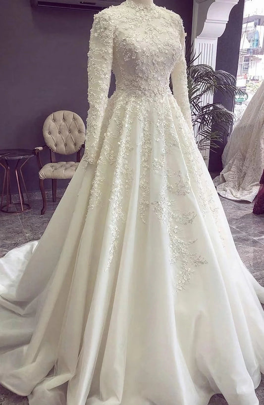 Vestidos de baile muçulmanos requintados vestidos de noiva flores de renda dubai mangas compridas de mangas compridas manto de noiva de mariée