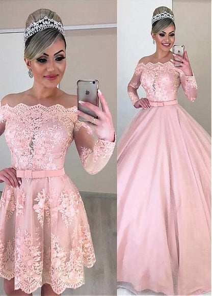 Einzigartige Tüll-Off-the-Shoulder-Ausschnitt Ausschnitt kurze Brautkleider Langarm und Bowknot rosa Brautkleid