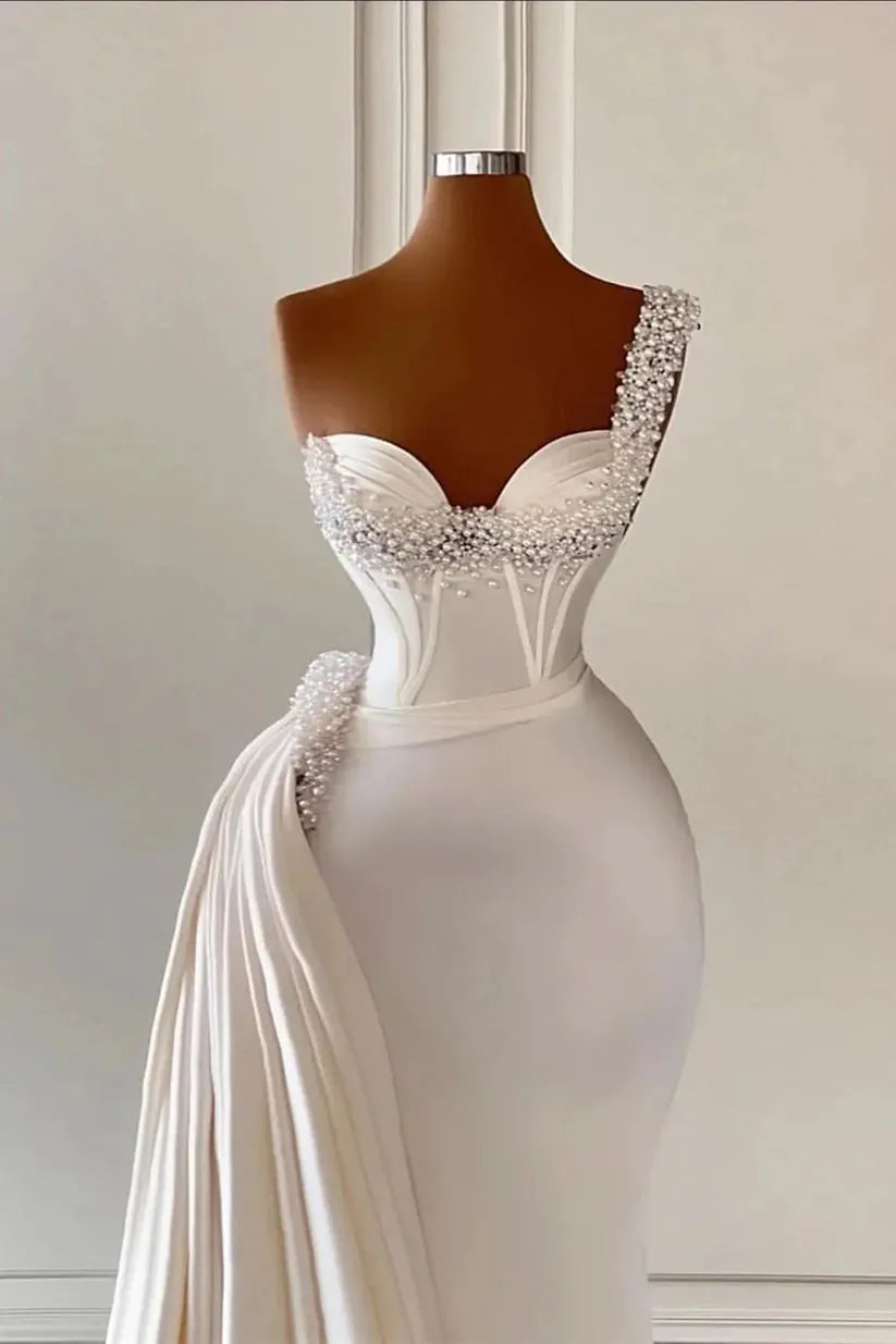 Long White Women Satin Mermaid Wedding Dresses with Pearls Abito Da Sposa White Satin